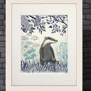 Country badger art, Blue room decor for nursery room, Cute woodland animal print framed or unframed, Country home art gifts made in the Uk