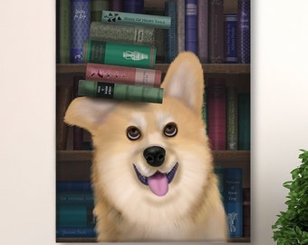 Corgi dog lover - Corgi with books - Corgi poster Corgi canvas Pembroke Welsh corgi Welsh dog decor Gift for dog lover Dog wall decor Uk art