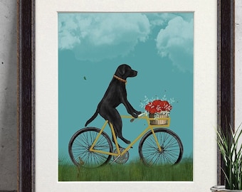 Labrador retriever Gift black lab art - Black Labrador on bicycle - Black dog gift Labrador black print Dog painting Dog lover gift ideas