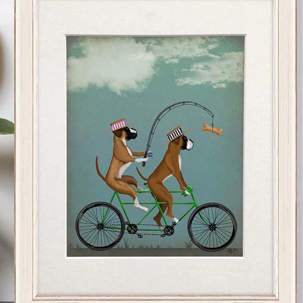 Boxer Dog art - Boxer on tandem - Box dog Boxer print Tandem bike Cycling gift Gift for boxer lover Mom dog gift Dog mom Painting of dog