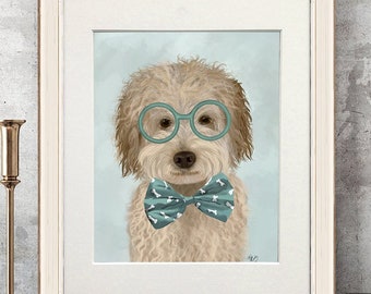 Labradoodle art gift - Labradoodle cream glasses and bowtie - Labradoodle wall art Doodle dog print Funny picture dog Gift for him Boys room