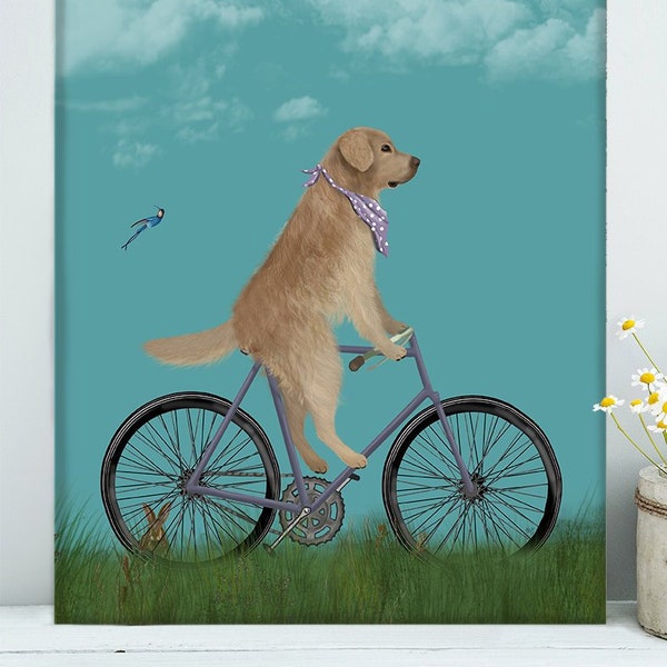 Golden retriever on bicycle Cycling gift dog Bicycling bike print vintage decor cyclist wall art hallway canvas summer house present him