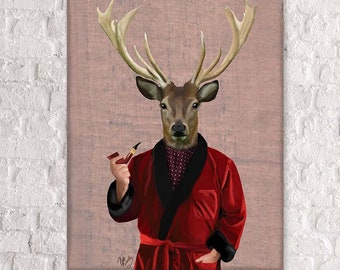 Wall decor Home decor Canvas Art - Deer & Smoking Jacket - deer art decor Deer print art Deer canvas print Deer canvas art Deer cabin decor