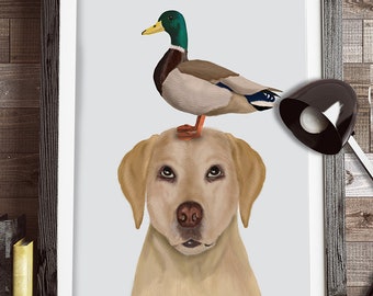 Labrador and Duck Yellow Labrador print dog print dog art print dog wall decor gift for dog lover Labrador lover dog wall art cute