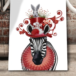 Safari animal nursery art, Zebra and Bunny Hat, animal illustration, Cute animal art for girls room, Cute Zebra Poster, baby room decor