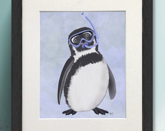 Penguin funny print - Penguin snorkel - Penguin wall art penguin poster penguin lover gift penguin illustration Cute bird print Bird lover
