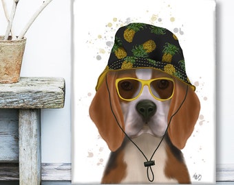 Beagle dog in hat - Summer wall print Funny gift for boys Cool gift for him Gift for dog lover Beagle print Large canvas Beach house decor