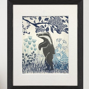 Badger lino style print, Country home wall art framed or unframed, Woodland nursery animal art in blue tones, Canvas art handmade in the Uk