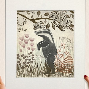 Cute badger wall art, Country home badger print in a lino cut style, Framed or unframed art print for kids nursery, Handmade in the Uk