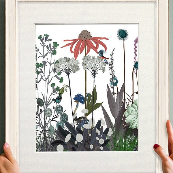Ostrich panting, Wildflower bloom ostrich print, Ostrich wall art, Ostrich illustration, bird lover gift, gift for gardener, floral room art