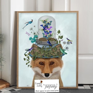 Netter Fuchs Kunstdruck, Blumen Fuchs Wandkunst, Schmetterling Bell Glas, Landhausküche Wohnkultur, Wald Fuchs Liebhaber Geschenk, botanische Walddekor