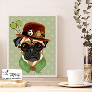 Pug Art Print - Pug With Bowler Hat - pug gift Pug valentines gift pug poster cute dog print dog decor gift for husband funny wall art