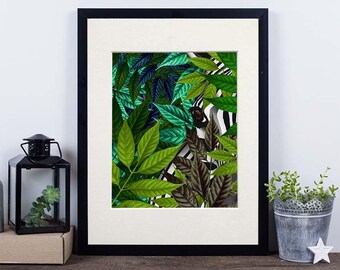 Zebra Art Print: Green Leaves, Jungle Animal Decor