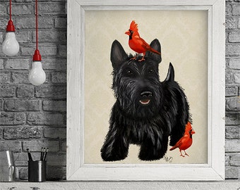 Scottie Dog Red Birds  scottish terrier, art print picture painting dog graphic illustration art picture poster drawing gift dog lover