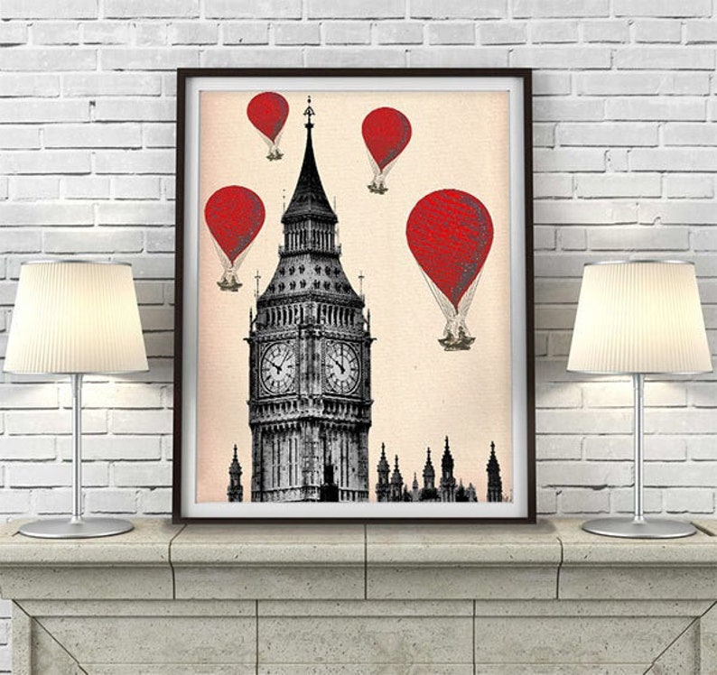 Big Ben & Red Hot Air Balloon Print London poster london decor london art british decor london print home office england british image 1