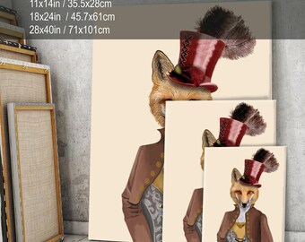 Steampunk Fox Wall Art, Cute Female Fox Art Print, Country Home