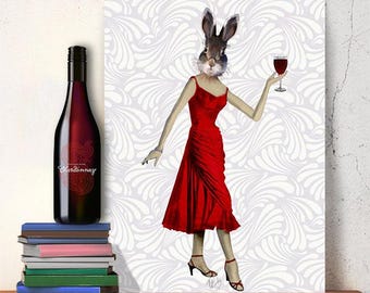 Rabbit Canvas Art Print - Rabbit Red Dress - Rabbit Poster Rabbit canvas wall art rabbit canvas print rabbit art print rabbit illustration