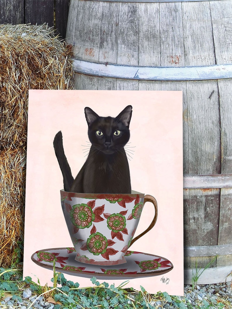 Black Cat in Teacup Black Cat Art Print Black Cat Wall Art Etsy UK