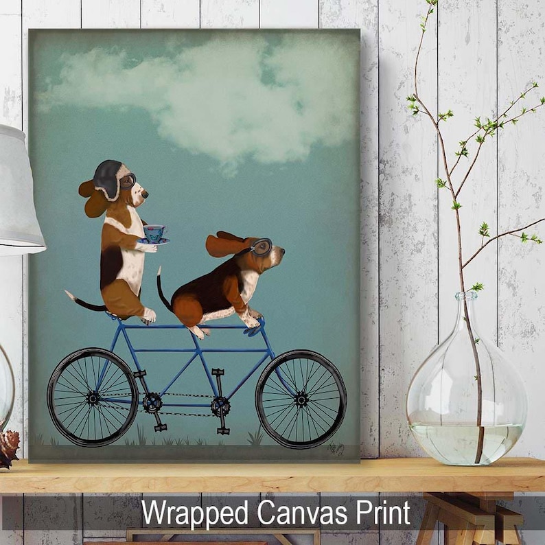 Stampa artistica di bicicletta tandem Basset Hound, divertente decorazione per cani ciclisti immagine 6