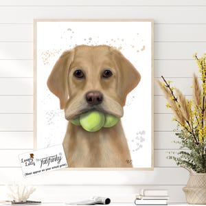 Labrador retriever art Yellow lab decor - Labrador yellow tennis balls - Yellow labrador gift Yellow dog print Funny dog gift Dog poster art
