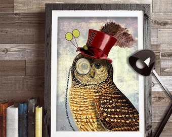 Steampunk Owl Art Print, Top Hat, Monocle, Wall Decor