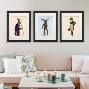 Set of 3 prints, Anthropomorphic, Hare print, Moose wall art, Fox picture, Woodland animal art, Collection of art, Rabbit decor Large canvas image 1