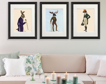 Set of 3 prints, Anthropomorphic, Hare print, Moose wall art, Fox picture, Woodland animal art, Collection of art, Rabbit decor Large canvas