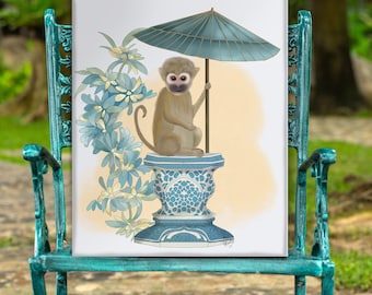 Chinoiserie Monkey Art Print: Parasol Canvas or Framed Art - Etsy