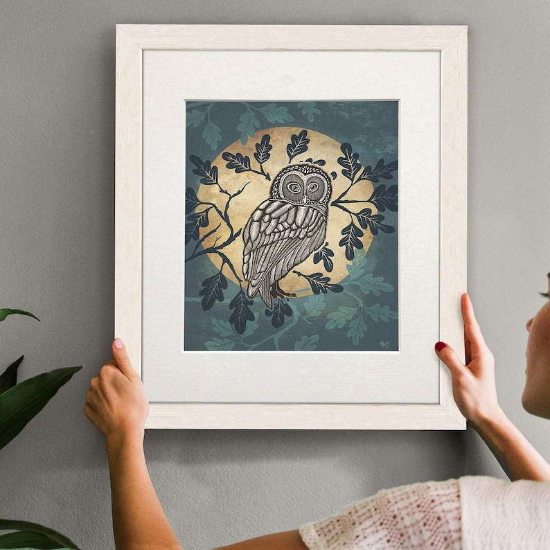 Owl in the moon print, Woodland owl art, Bird painting, Moon pictures, Giclee art print, Large canvas print, Kids bedroom decor, Nursery art image 1