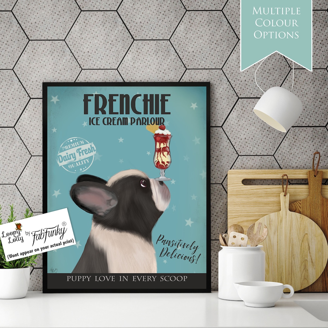 Ice Cream Parlour Black White French Bulldog Dog Art Print