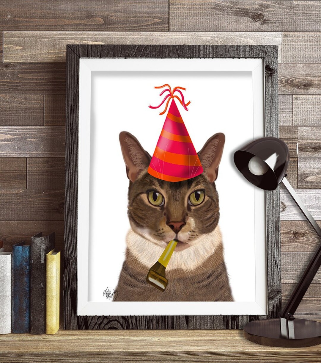 as much fun : cat with party hat and horn funny :... Cat in a Hat, Funny Cat Picture in a Party Hat Framed or Unframed Art ...