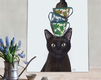 Väggdekoration för kök - Svart katt med tekoppar - kattälskare present kaffeälskare present katt väggbonad kattposter matsal dekor väggkonsttryck