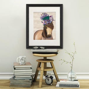 Horse art print, Beautiful painting of a horse wearing a floral & butterfly top hat, Printed on canvas art or a framed gift for equestrian