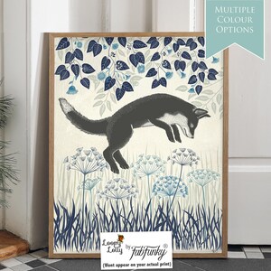 Leaping Fox Art Print, Lino Cut Style Fox Wall Art, country kitchen home decor, Woodland fox lover gift, forest nursery decor kids room