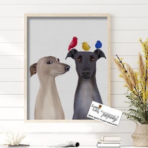 Greyhound Picture - Italian Iggy Dog with Bird - Whimsical Dog Portrait Wall Art for Kids Room or Nursery