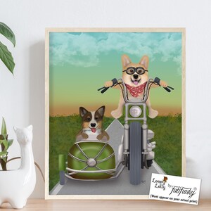 Pembroke Welsh Corgi Picture - Quirky Dogs on Motorbike with Sidecar - Bike Wall Art Gift for Corgi Moms