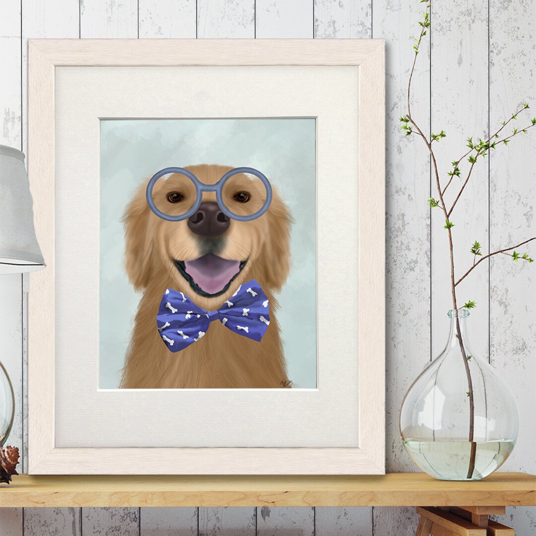 Golden Retriever Glasses and Bowtie Retriever Art Print Golden Etsy