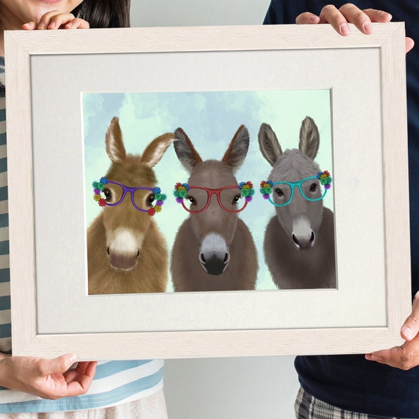Family gift ideas, Donkey trio flower glasses, Donkey painting, Funny animal art, Donkey illustration, Farm stuff, Farming gift, Funny gift