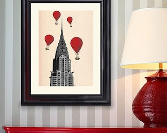 Chrysler Building Art Print: New York, Red Hot Air Balloons