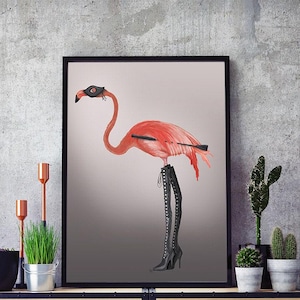 Kinky Flamingo Konsttryck – Dominatrix Fetisch Illustration