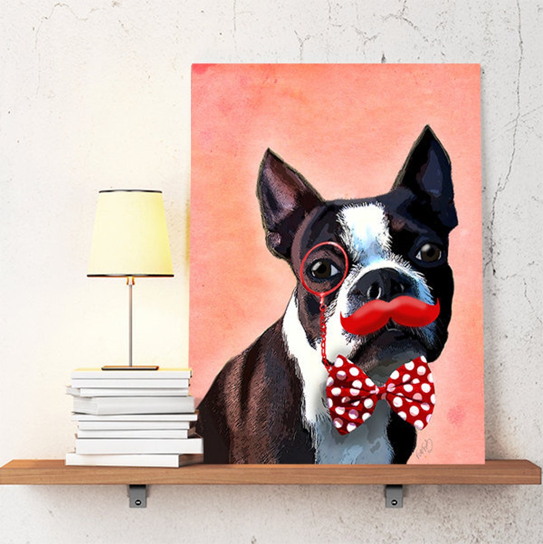 Boston Terrier Art Print Red Moustache Boston Terrier Gift - Etsy