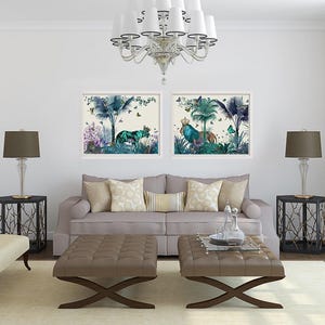 Lion Print - Blue Lion in Tropical Jungle - lion illustration lion picture tropical decor tropical leaf tropical Print jungle print colorful image 9