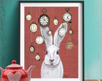 Rabbit Time - Art Print White Rabbit Alice in Wonderland Print Illustration Rabbit Print rabbit picture rabbit art, wall decor hanging