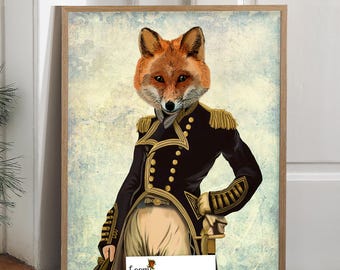 Beautiful Red Fox Art Print, Admiral Fox, Military style fox wall art steampunk style, elegant animal decor for country home