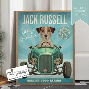 Stampa artistica di Jack Russell grezza in auto hot rod, poster di officina, cane divertente in stile vintage, stampa personalizzata di auto d'epoca, decorazione da parete per garage