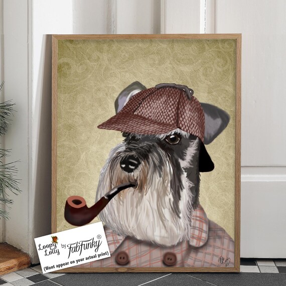 Schnauzer Art Print, Funny Dog Wall Art, With a Deerstalker Hat