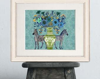Zebra Art Print: Chinoiserie Vase, Teal Asian Decor