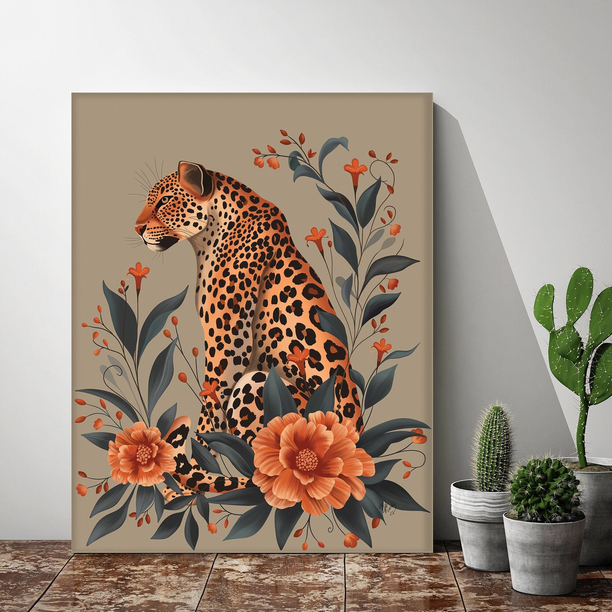 Leopard & Orange Flowers Art Print: Fabfunky Exotic Jungle Decor