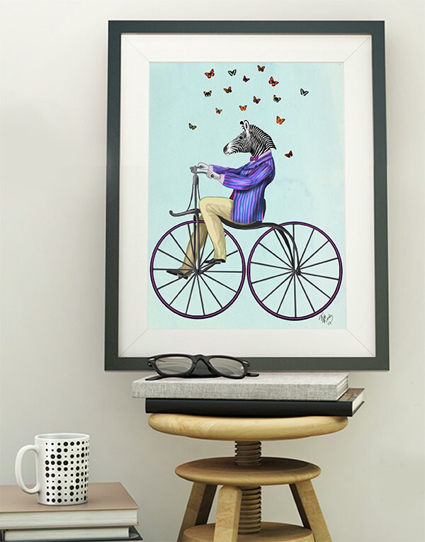 Cute animal art for kids rooms Zebra on bicycle Kids room Etsy