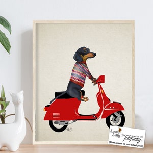 Dachshund Wiener dog art print - Dachshund on Moped - doxie print dachshund wall art Dachshund print art for kids room funny Office decor
